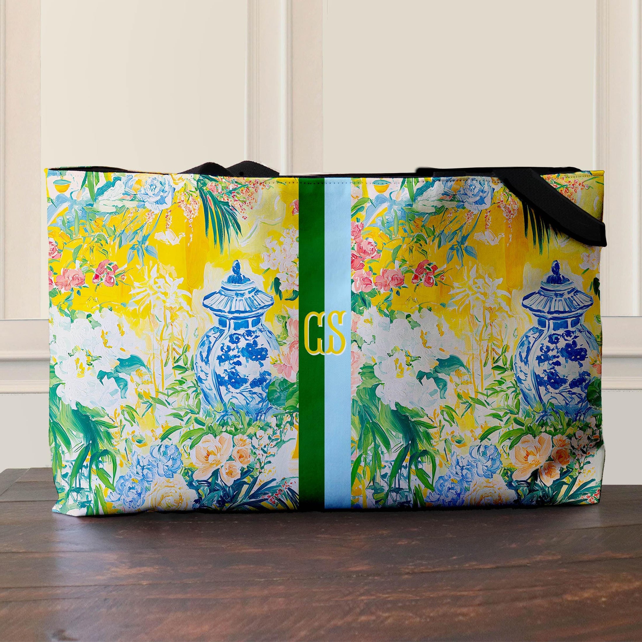 Custom Tote Bag, Large Travel Bag, Overnight, Monogram, Personalized, Letter, Initial, Preppy, Chinoiserie, Ginger Jar, Japenese Blue Green