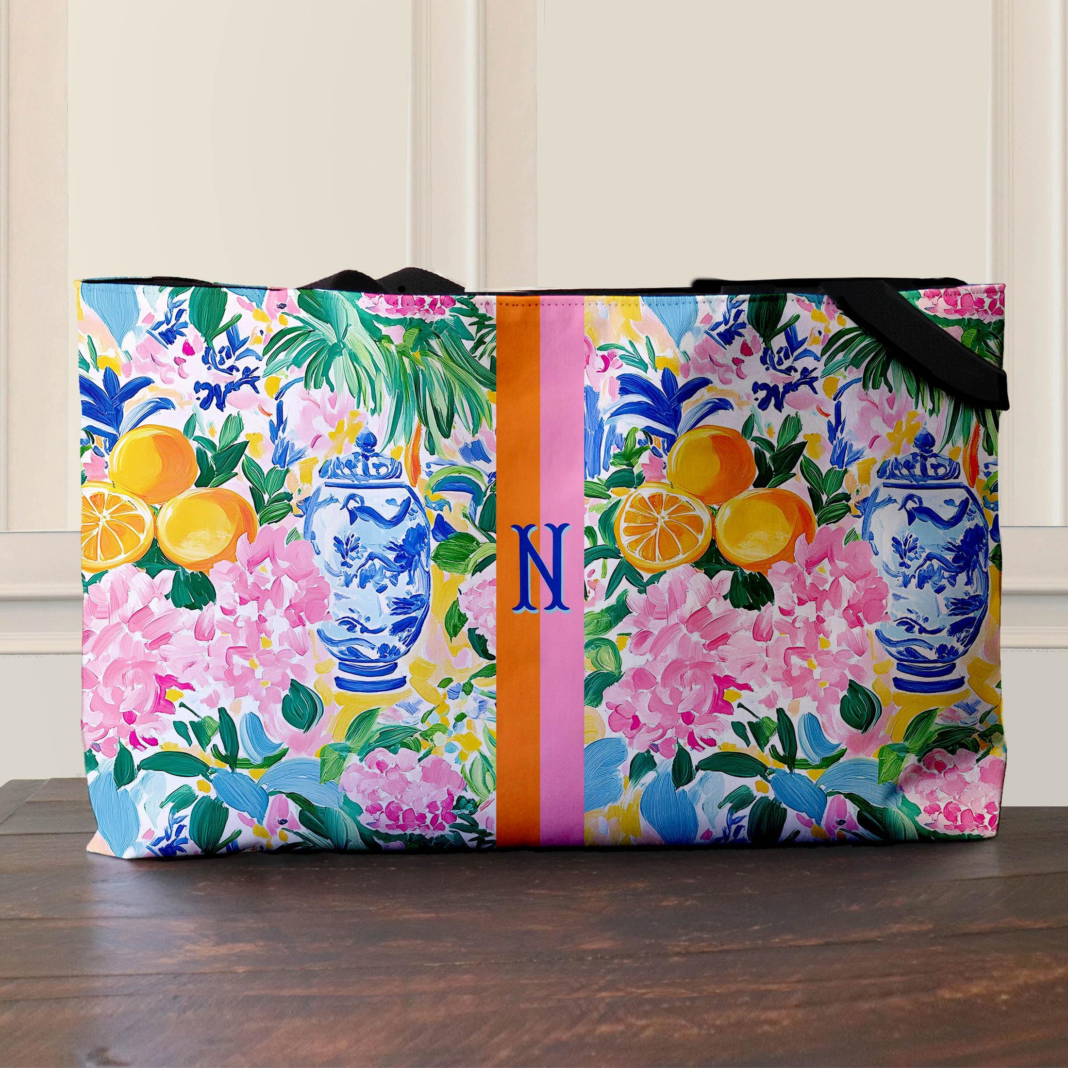 Custom Tote Bag, Large Travel Bag,Overnight, Monogram, Personalized, Letter, Initial, Preppy, Chinoiserie, Ginger Jar, Japenese Oranges Pink