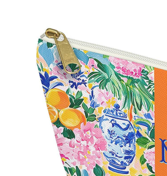 Custom Zip Bags, Pouch, Travel, Tech, Monogram, Personalized, Letter, Initial, Makeup, Accessory, Chinoiserie, Ginger Jar, Japenese Oranges