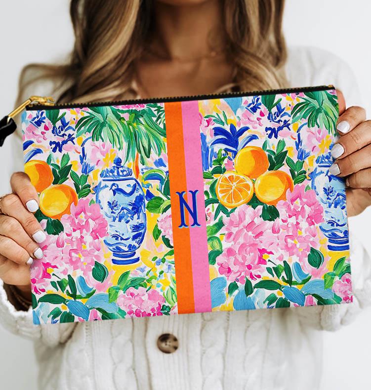 Custom Zip Bag, Makeup Bag, Travel Pouch, Tech, Monogram,Personalized,Letter,Initial, Preppy, Chinoiserie, Ginger Jar, Japenese Oranges Pink