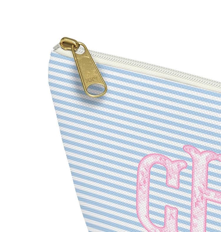Custom Zip Bags, Pouch, Travel, Tech, Monogram, Personalized, Letter,Initial, Makeup, Accessory, Love Fancy Roses, Preppy Stripes, Pink Blue