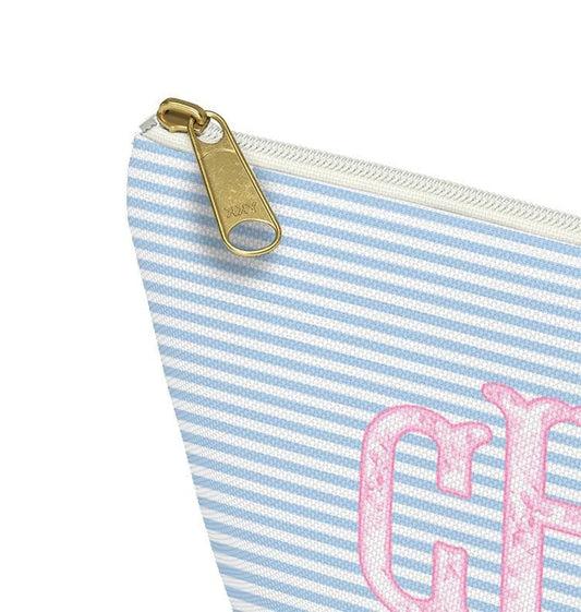 Custom Zip Bags, Pouch, Travel, Tech, Monogram, Personalized, Letter,Initial, Makeup, Accessory, Love Fancy Roses, Preppy Stripes, Pink Blue