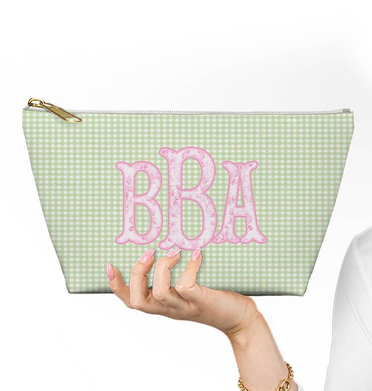 Custom Zip Bags, Pouch, Travel, Tech, Monogram, Personalized, Letter,Initial, Makeup, Accessory, Love Fancy Roses, Preppy Stripes, Green