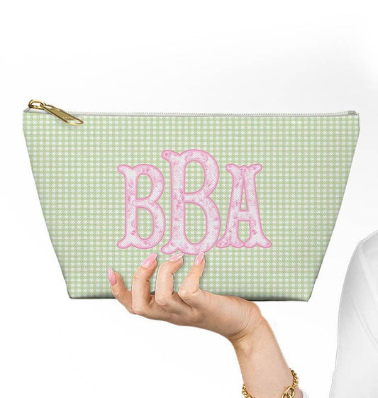 Custom Zip Bags, Pouch, Travel, Tech, Monogram, Personalized, Letter,Initial, Makeup, Accessory, Love Fancy Roses, Preppy Stripes, Green