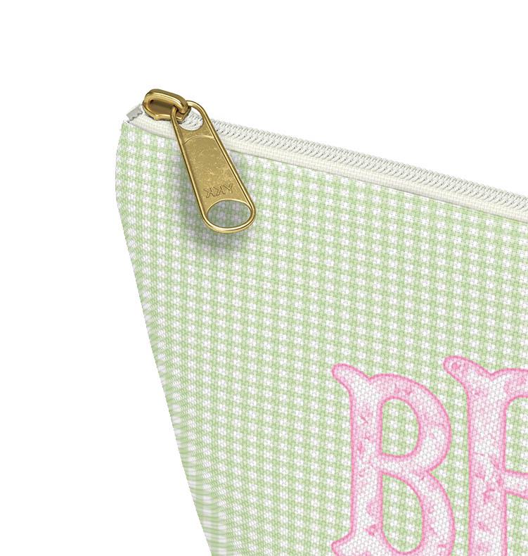 Custom Zip Bags, Pouch, Travel, Tech, Monogram, Personalized, Letter,Initial, Makeup, Accessory, Love Fancy Roses, Preppy Stripes, Green