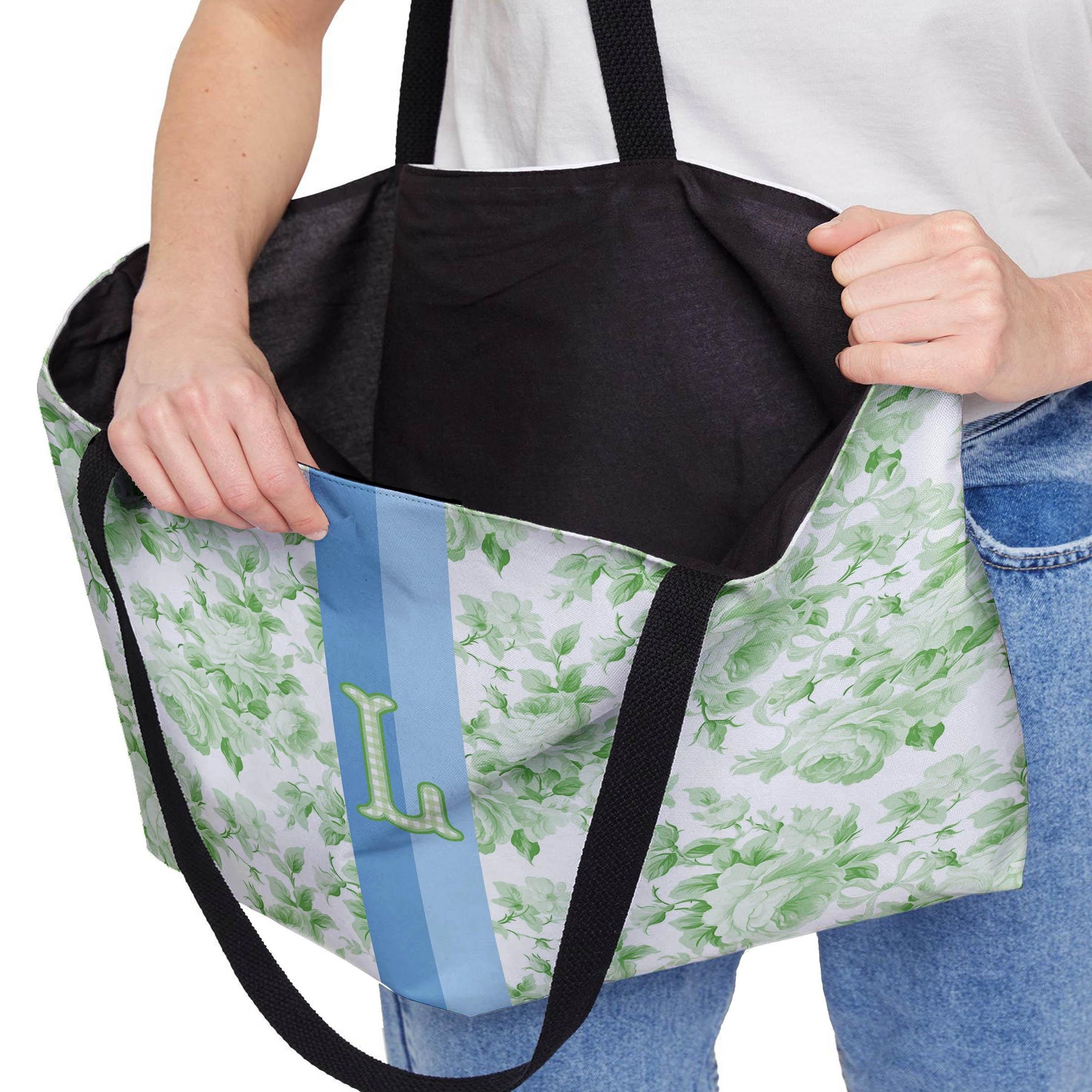 Custom Tote Bag, Large Travel Bag,Overnight, Monogram, Personalized, Letter, Initial, Preppy, Love Fancy Roses, Flowers, Stripes, Plaid