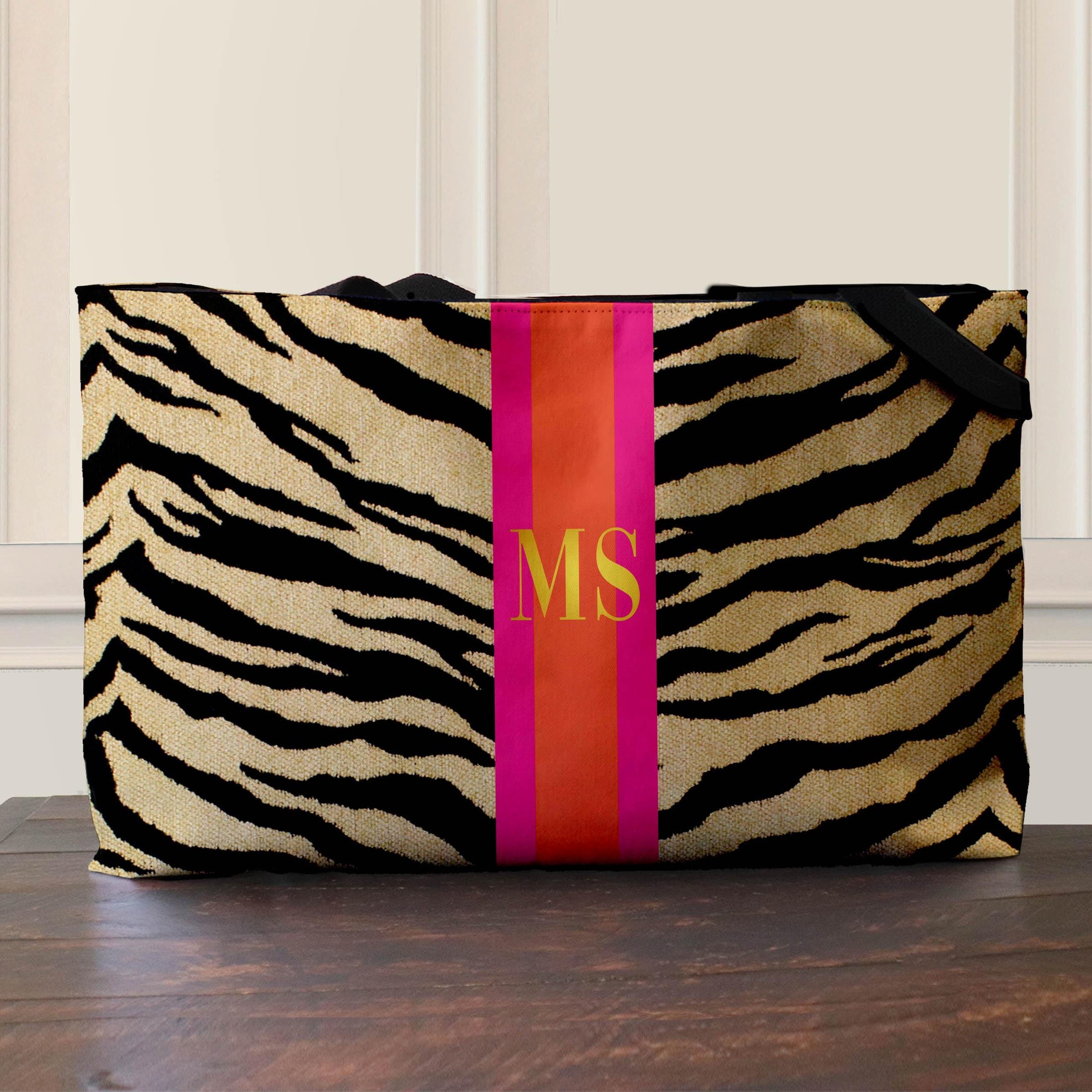 Custom Tote Bag, Large Travel Bag, Overnight, Monogram, Personalized, Letter, Initial, Zebra Pattern, Stripe, Red, Green, Pink, Blue