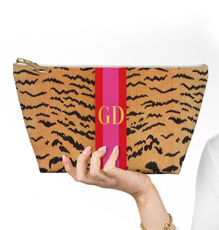 Custom Zip Bags, Pouch, Travel, Tech, Monogram, Personalized, Letter,Initial, Makeup, Accessory, Tiger Pattern, Stripe, Pink, Black, Green