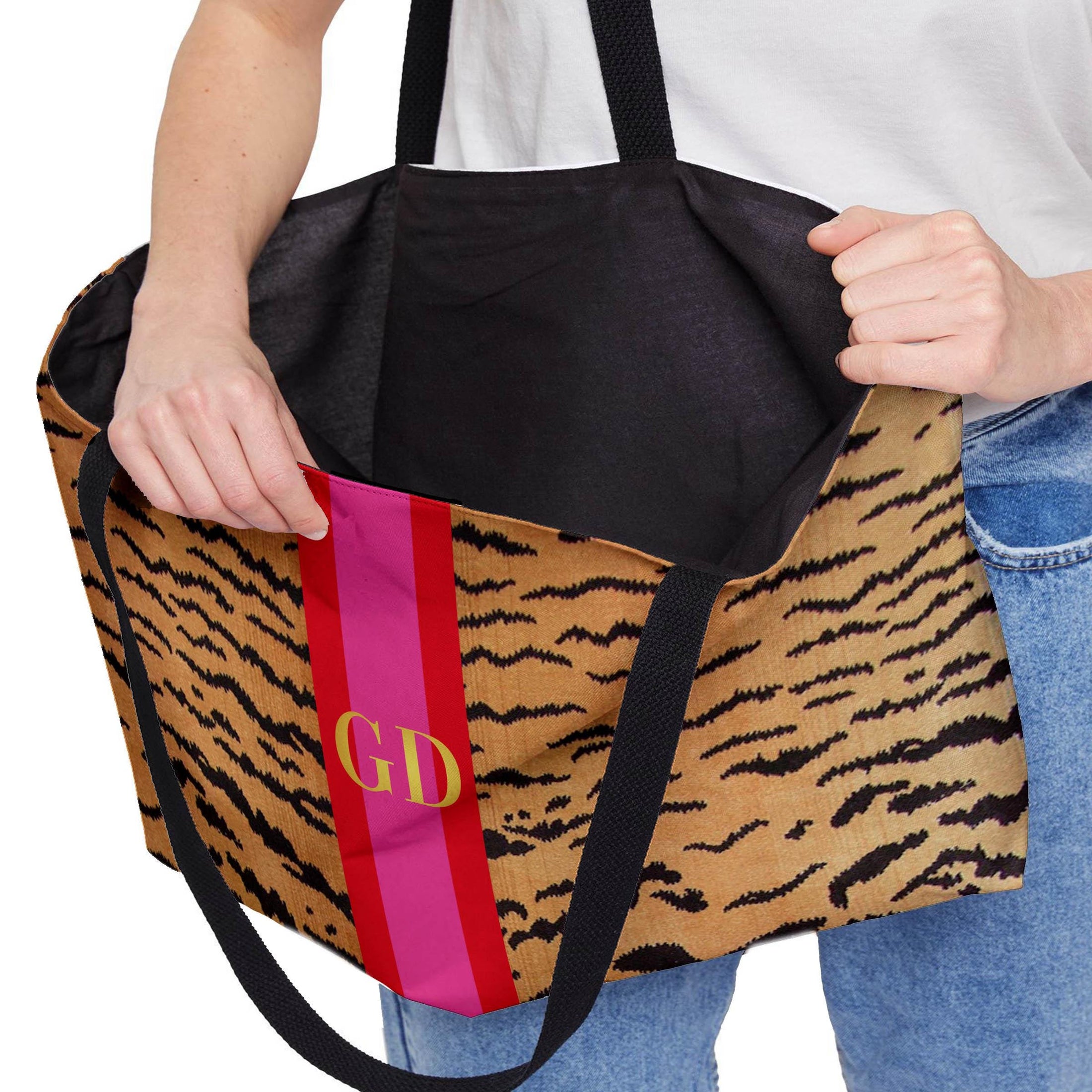 Custom Tote Bag, Large Travel Bag, Overnight, Monogram, Personalized, Letter, Initial, Tiger Pattern, Stripe, Red, Green, Pink, Blue