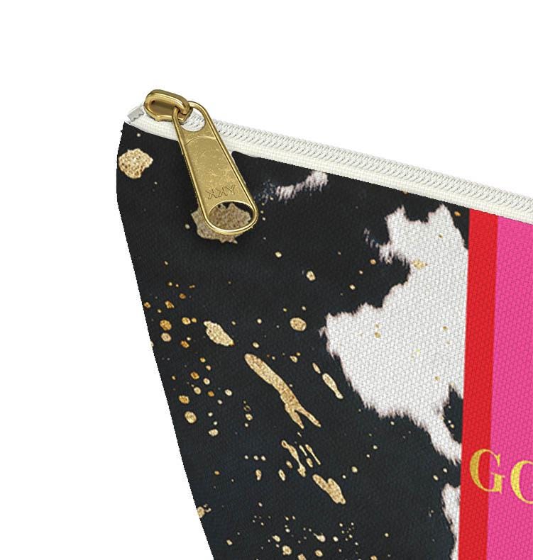 Custom Zip Bags, Pouch, Travel, Tech, Monogram, Personalized, Letter,Initial, Makeup, Accessory, Black Printed Cowhide Design, Stripe, Pink