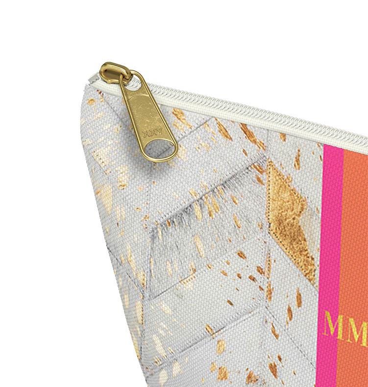 Custom Zip Bags, Pouch, Travel, Tech, Monogram, Personalized, Letter,Initial, Makeup, Accessory, White Printed Cowhide Design, Stripe, Pink