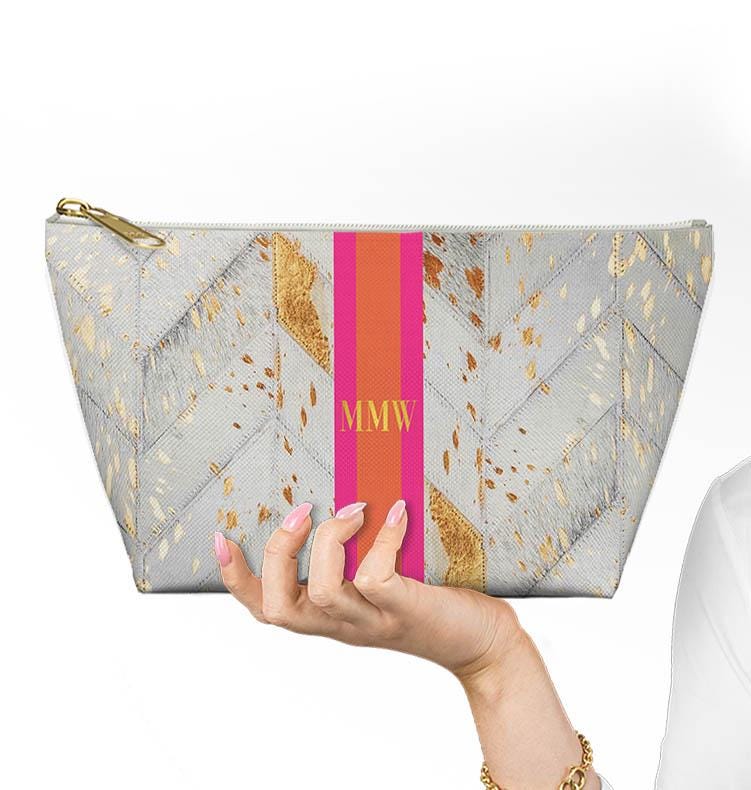 Custom Zip Bags, Pouch, Travel, Tech, Monogram, Personalized, Letter,Initial, Makeup, Accessory, White Printed Cowhide Design, Stripe, Pink