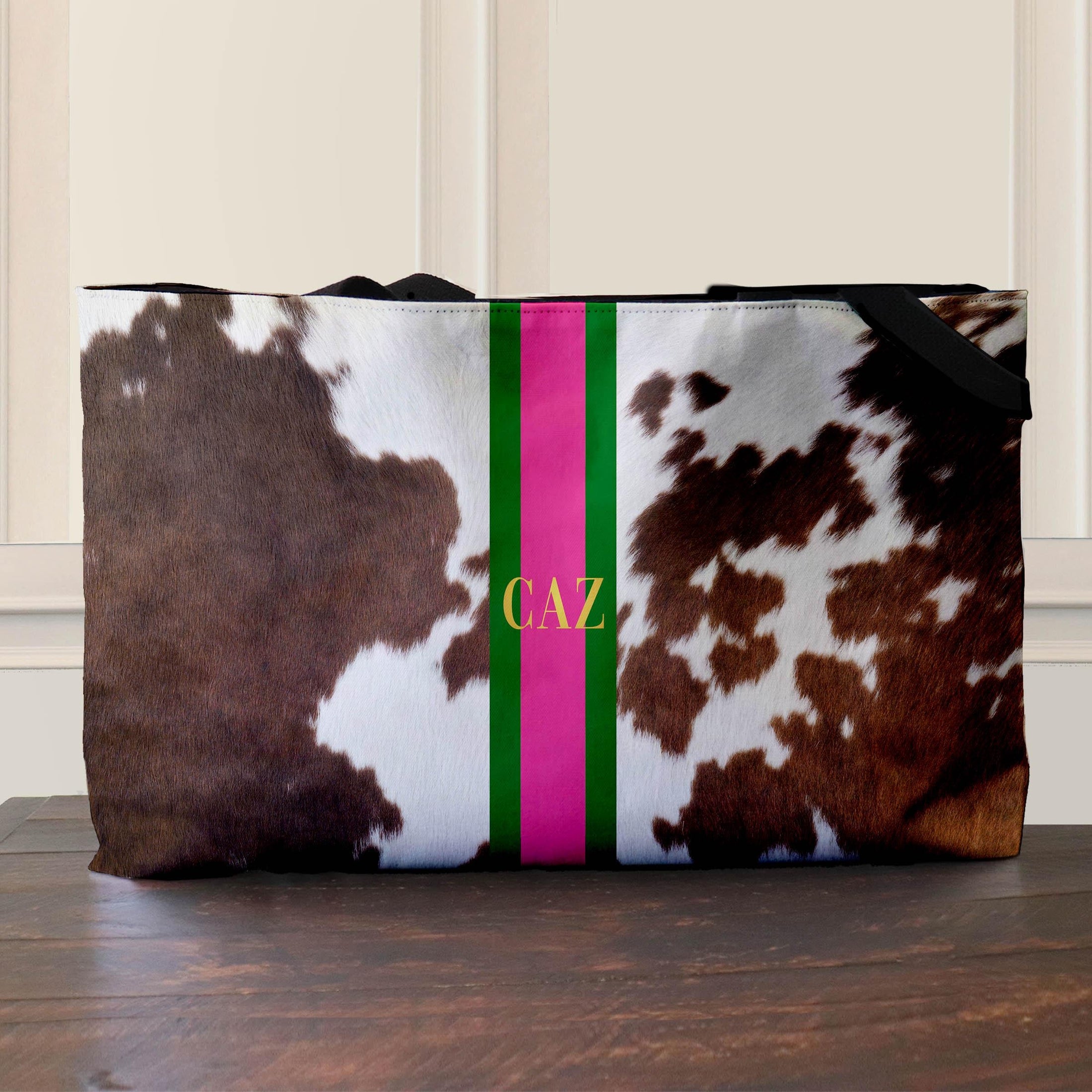 Custom Tote Bag, Large Travel Bag, Overnight, Monogram, Personalized, Letter, Initial, Brown Printed Cowhide Pattern, Stripe, Red, Pink,Blue