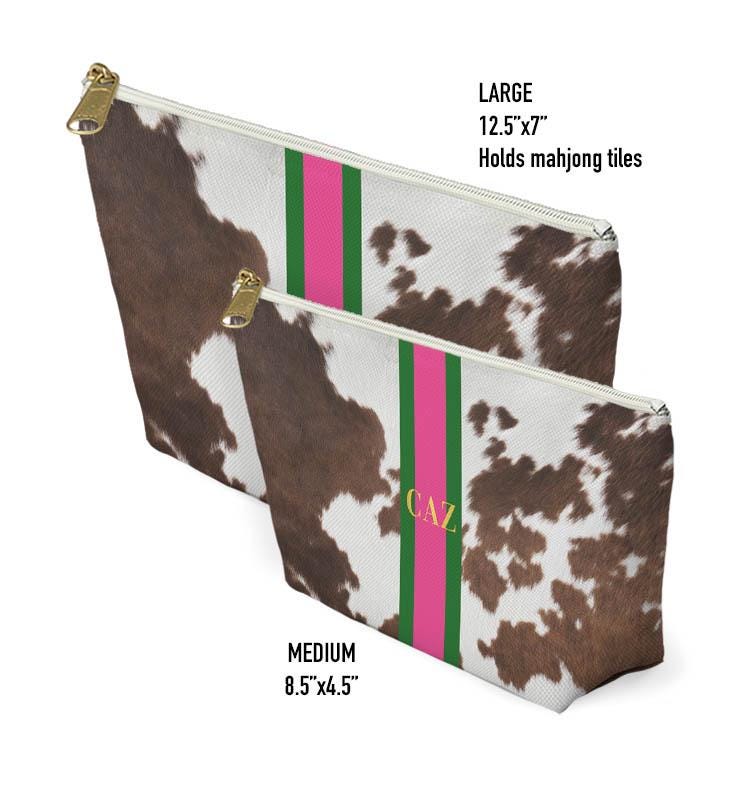 Custom Zip Bags, Pouch, Travel, Tech, Monogram, Personalized, Letter,Initial, Makeup, Accessory, Brown Printed Cowhide Design, Stripe, Pink