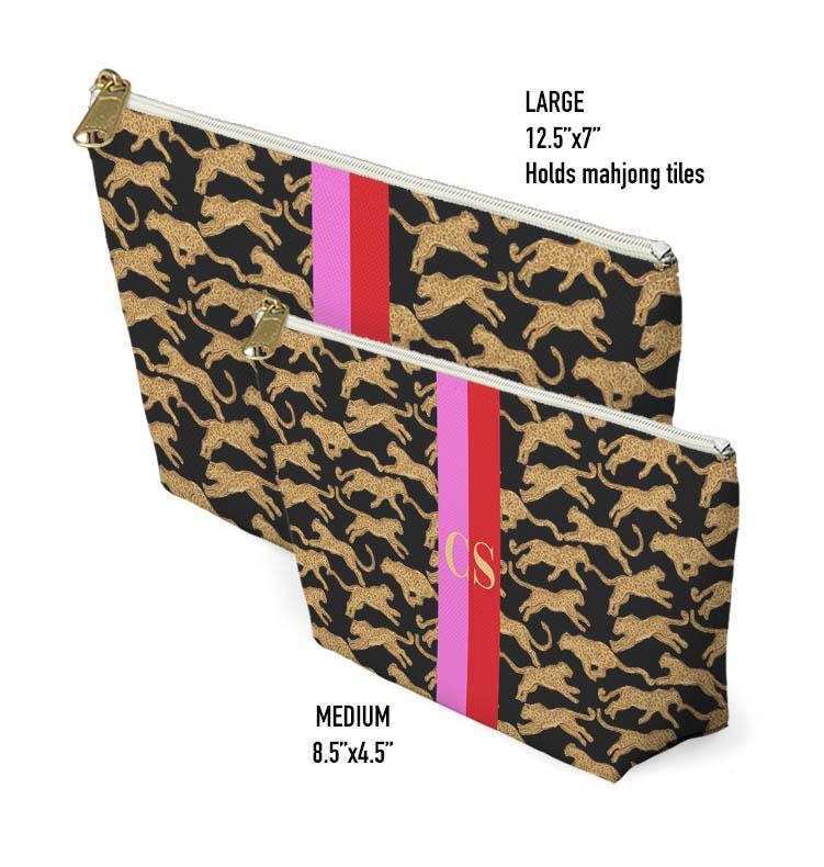 Custom Zip Bags, Pouch, Travel, Tech, Monogram, Personalized, Letter,Initial, Makeup, Accessory, Leopard Cheetah, Stripe, Pink