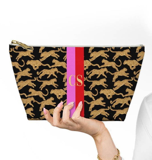Custom Zip Bags, Pouch, Travel, Tech, Monogram, Personalized, Letter,Initial, Makeup, Accessory, Leopard Cheetah, Stripe, Pink