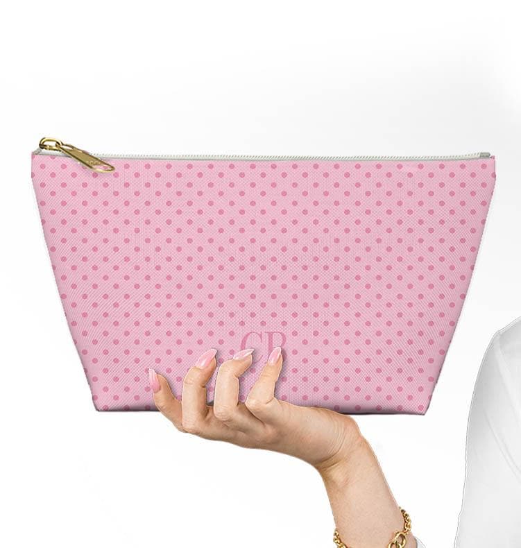 Custom Zip Bags, Pouch, Travel, Tech, Monogram, Personalized, Letter,Initial, Makeup, Accessory, Mini Polka Dots, Brown, Pink, Green, Red