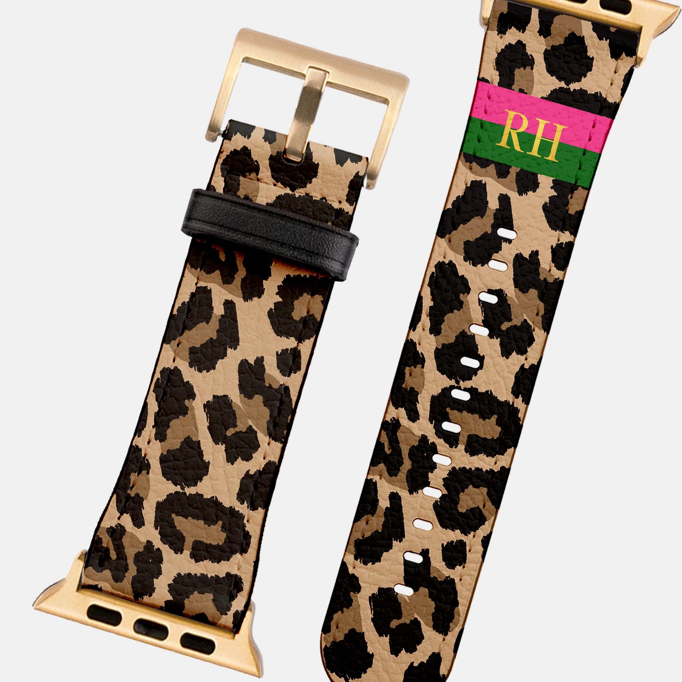 Personalized Apple Watch Band, Custom Strap, Smart Watch, 38, 40, 41, 42, 44, 45, 49, 3 4 5 6 7 8 9 10 SE, Initials, Leopard Cheetah Stripe