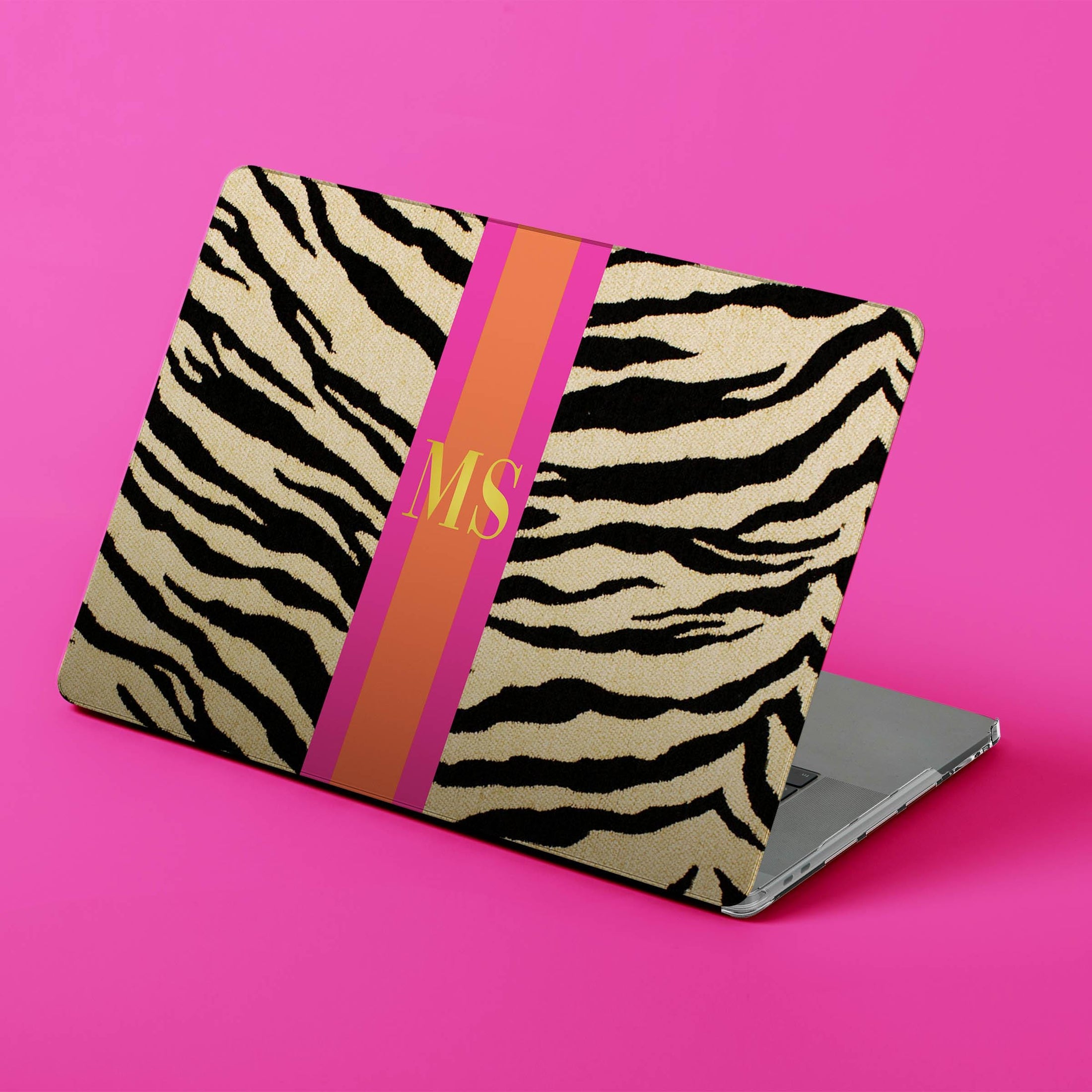 Custom MacBook Case, Air, Pro, Personalized Laptop Cover, 2-Pieces, Monogram Tech, Preppy, Zebra, Stripes, Pink, Green, Red, Orange