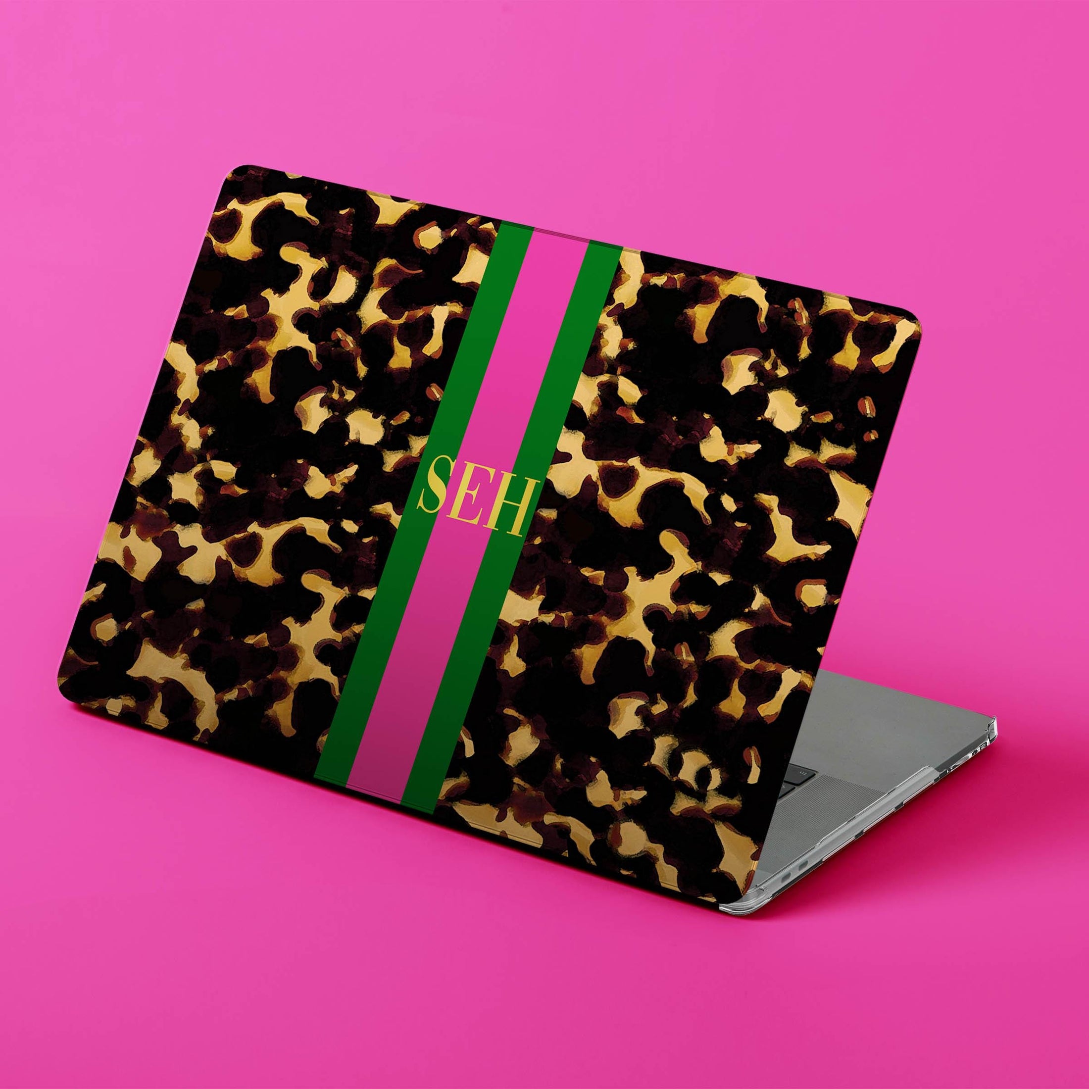 Custom MacBook Case, Air, Pro, Personalized Laptop Cover, 2-Pieces, Monogram Tech, Preppy, Tortoise Shell, Stripes, Pink, Green, Red