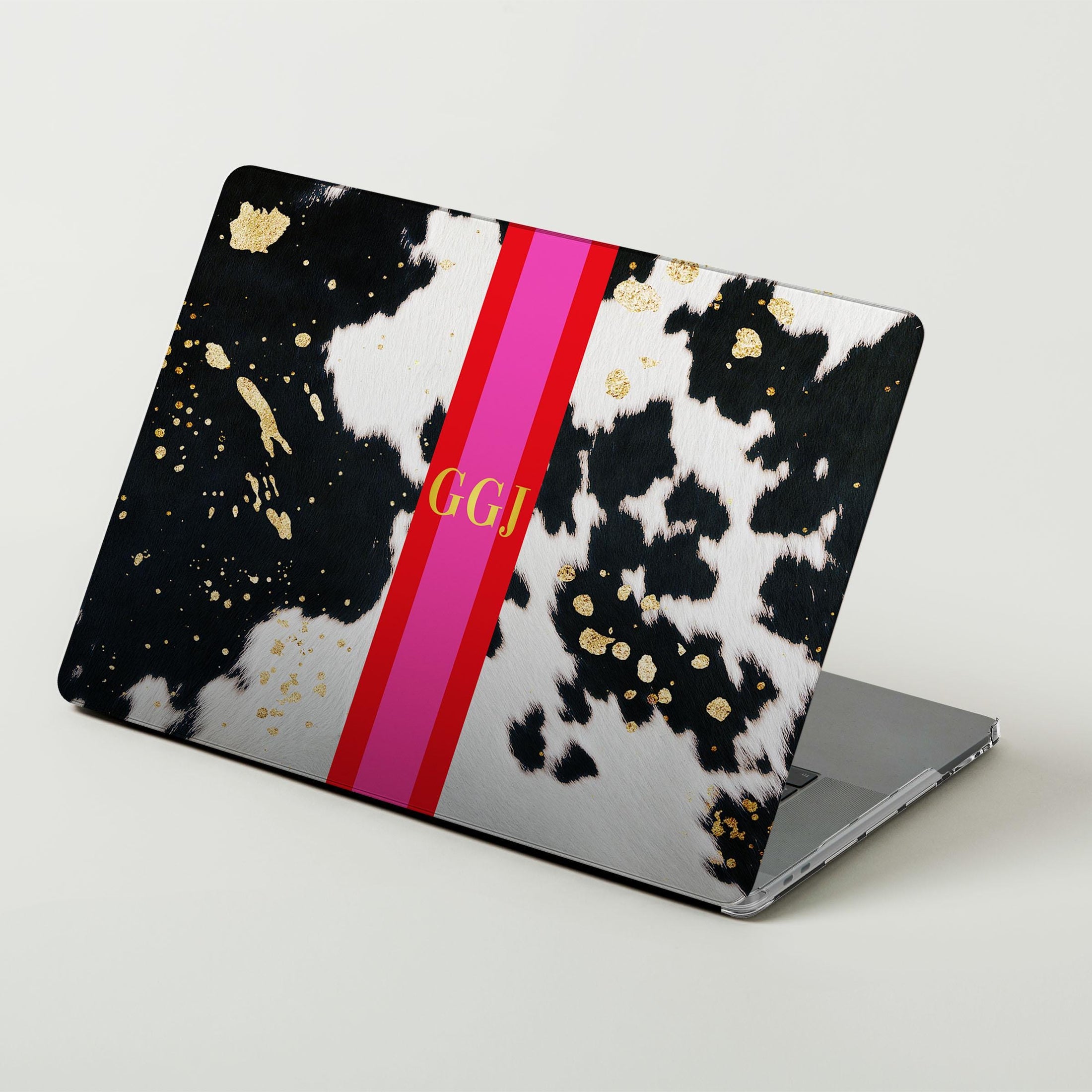 Custom MacBook Case, Air, Pro, Personalized Laptop Cover, 2-Pieces, Monogram Tech, Preppy, Printed Cowhide, Stripes, Pink, Green, Black Gold