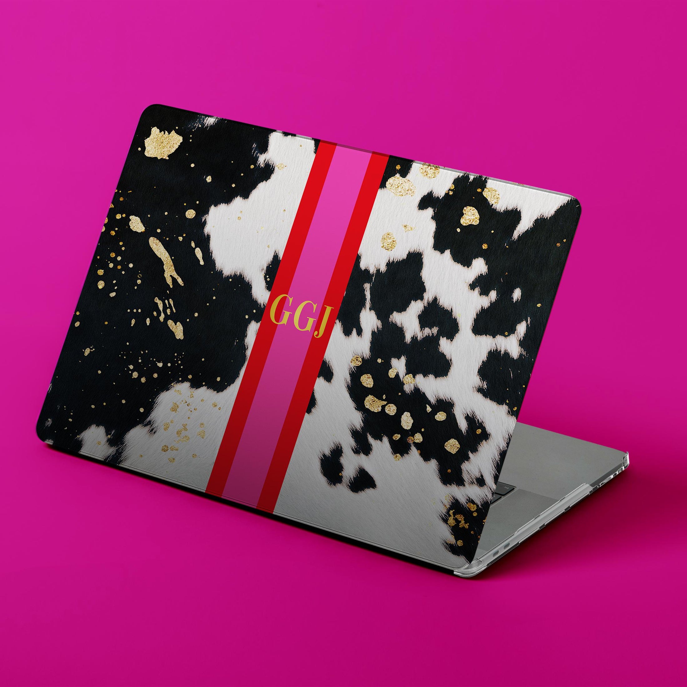 Custom MacBook Case, Air, Pro, Personalized Laptop Cover, 2-Pieces, Monogram Tech, Preppy, Printed Cowhide, Stripes, Pink, Green, Black Gold