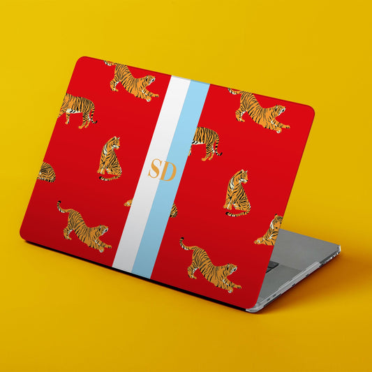 Custom MacBook Case, Air, Pro, Personalized Laptop Cover, 2-Pieces, Monogram Tech, Preppy, Initials, Stripes, Tigers