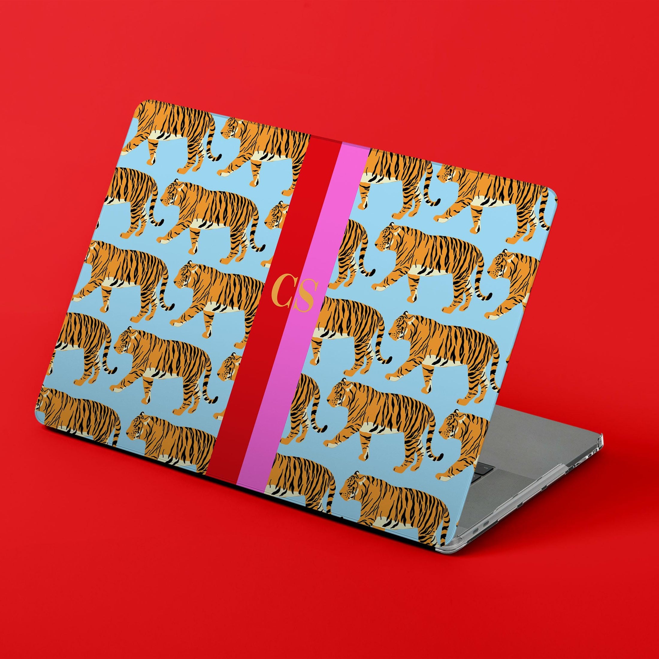 Custom MacBook Case, Air, Pro, Personalized Laptop Cover, 2-Pieces, Monogram Tech, Preppy, Initials, Stripes, Tigers
