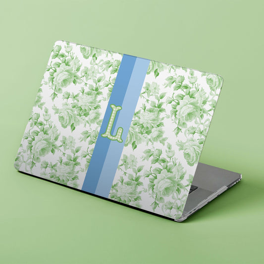 Custom MacBook Case, Air, Pro, Personalized Laptop Cover, 2-Pieces, Monogram Tech, Preppy, Love Fancy Roses, Flowers, Stripes, Green, Blues