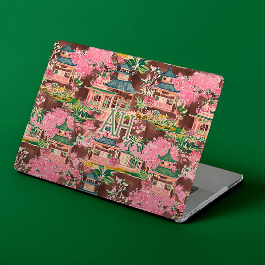 Custom MacBook Case, Air, Pro, Personalized Laptop Cover, 2-Pieces, Monogram Tech, Preppy, Chinoiserie, Japanese, Pagoda, Brown, Pink, Green