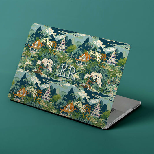 Custom MacBook Case, Air, Pro, Personalized Laptop Cover, 2-Pieces, Monogram Tech, Preppy, Chinoiserie, Japanese, Pagoda, Blue, Green