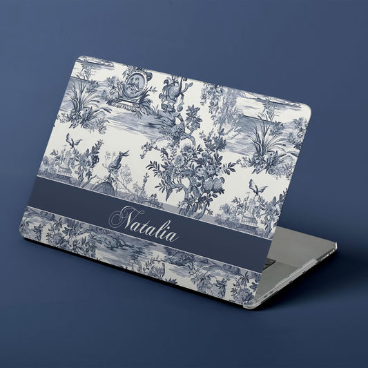 Custom MacBook Case, Air, Pro, Personalized Laptop Cover, 2-Pieces, Monogram Tech, Preppy, Toile, Antique Pattern, Designer, Slate Blue