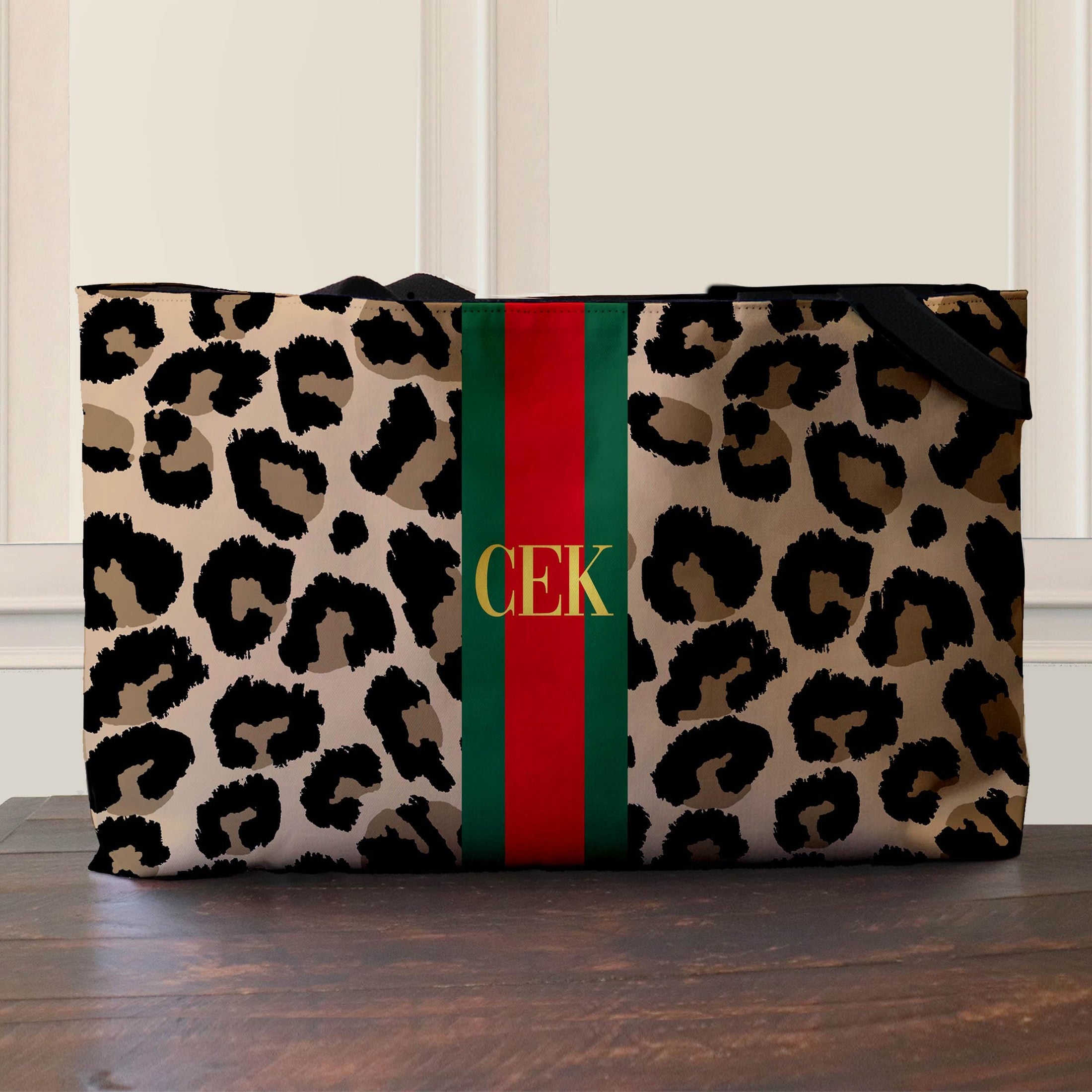 Custom Tote Bag, Large Travel Bag, Overnight, Monogram, Personalized, Letter, Initial, Leopard, Cheetah, Stripe, Red, Green, Pink, Blue