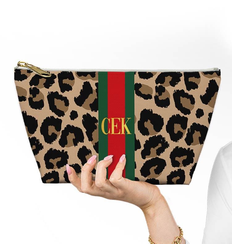 Custom Zip Bags, Pouch, Travel, Tech, Monogram, Personalized, Letter, Initial, Makeup, Cords, Accessory, Leopard, Cheetah, Stripe, Red,Green