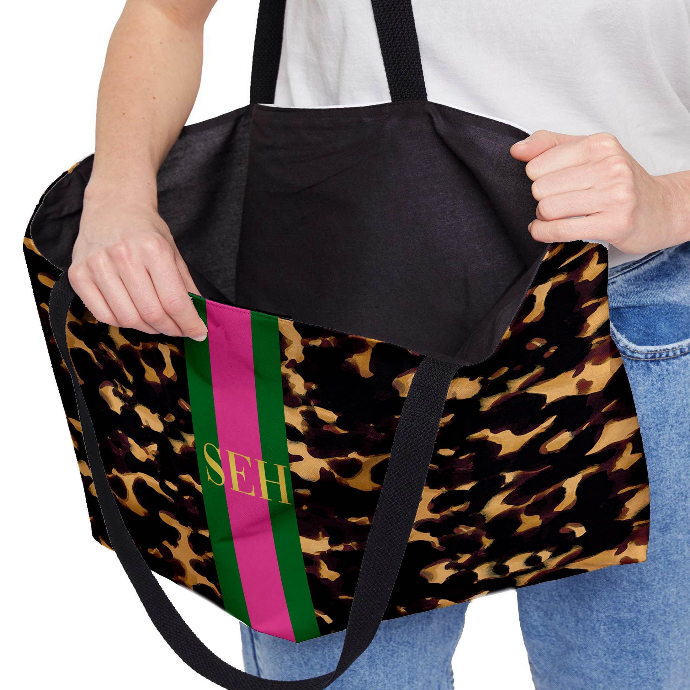 Custom Tote Bag, Large Travel Bag, Overnight, Monogram, Personalized, Letter, Initial, Tortoise Shell, Stripe, Red, Green, Pink, Blue