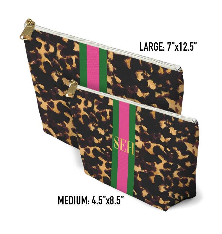 Custom Zip Bags, Pouch, Travel, Tech, Monogram, Personalized, Letter, Initial, Makeup, Cords, Accessory, Tortoise Shell, Stripe, Red, Green