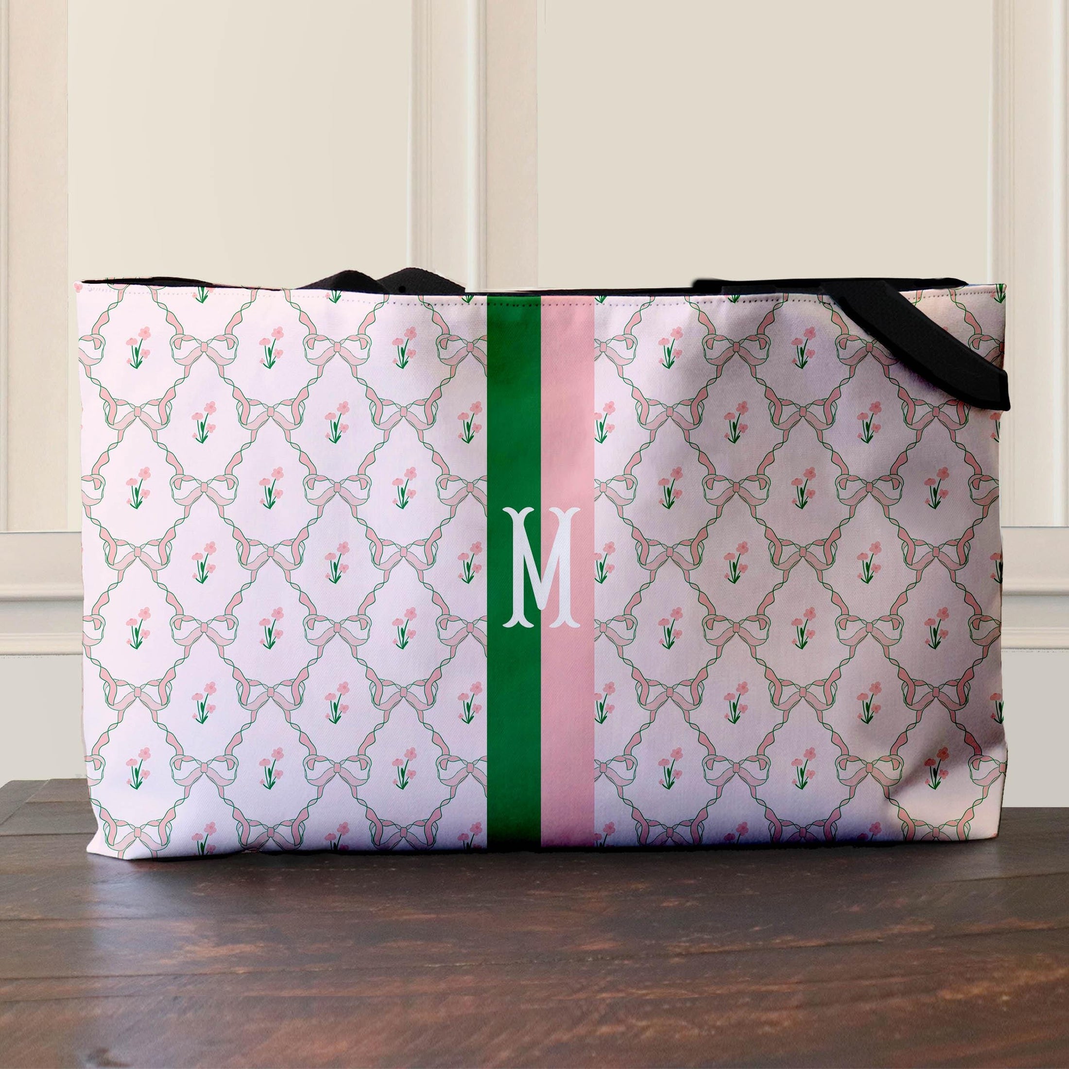 Custom Tote Bag, Large Travel Bag, Overnight, Monogram, Personalized, Letter, Initial, Preppy, Grand Millennial, Pink Flowers, Stripe