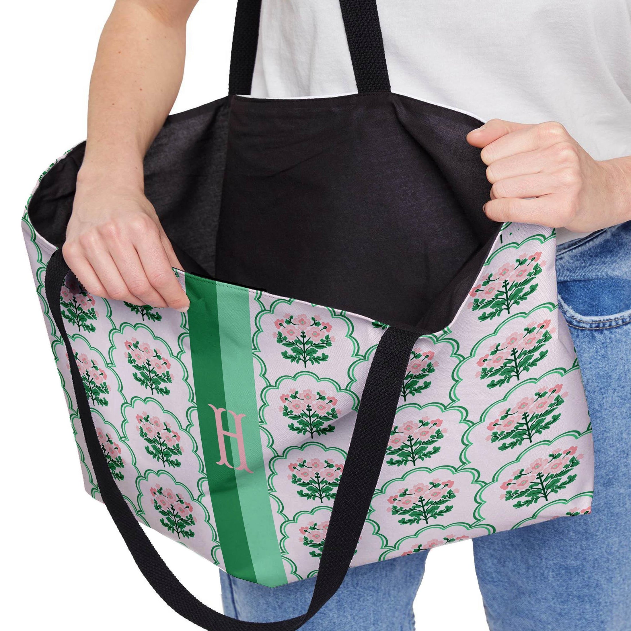 Custom Tote Bag, Large Travel Bag, Overnight, Monogram, Personalized, Letter, Initial, Preppy, Grand Millennial, Pink Flowers, Stripe