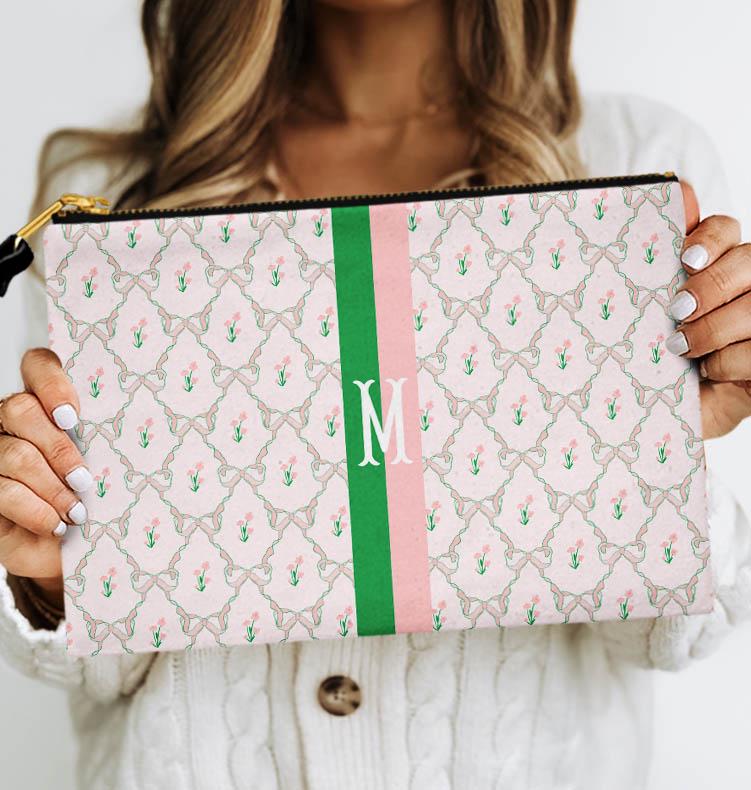 Custom Zip Bag, Makeup Bag, Travel Pouch, Tech, Monogram, Personalized, Letter,Initial, Preppy, Grand Millennial, Dainty Flowers, Pink Green