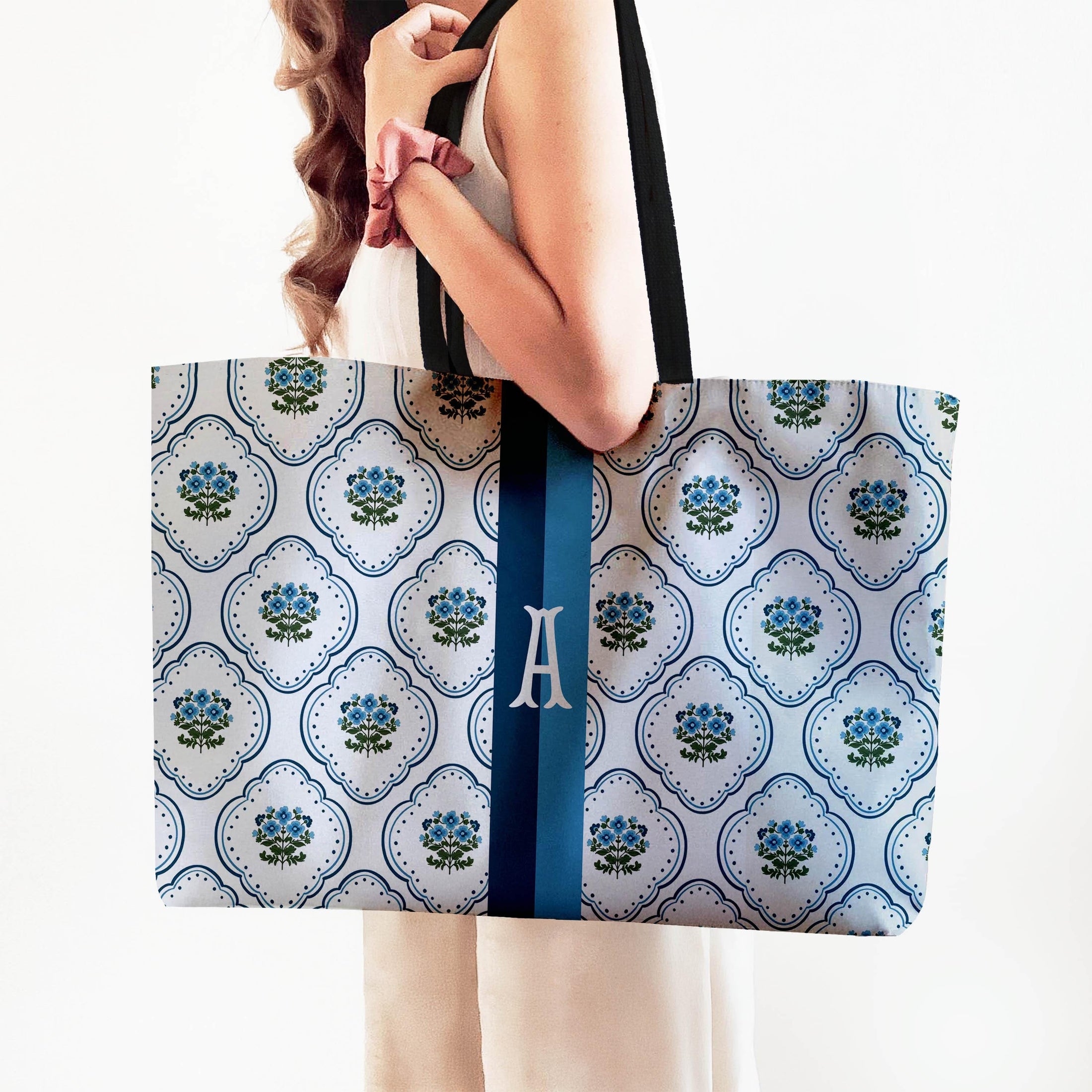 Custom Tote Bag, Large Travel Bag, Overnight, Monogram, Personalized, Letter, Initial, Preppy, Grand Millennial,Blue Green Flowers, Stripe