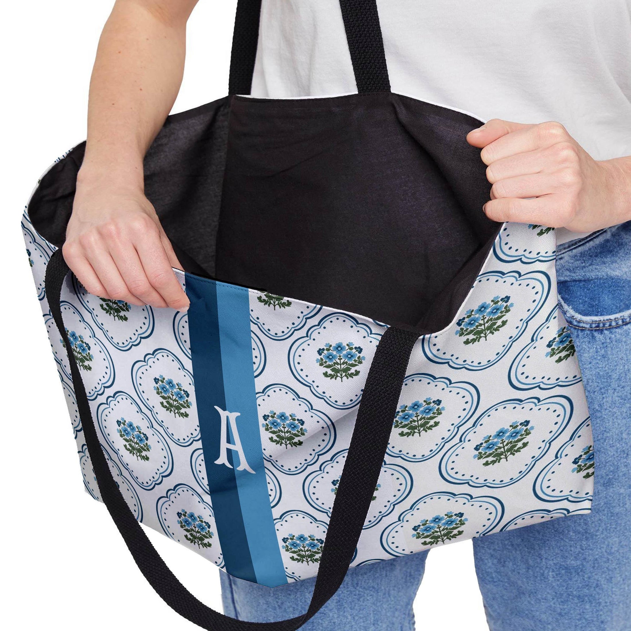 Custom Tote Bag, Large Travel Bag, Overnight, Monogram, Personalized, Letter, Initial, Preppy, Grand Millennial,Blue Green Flowers, Stripe