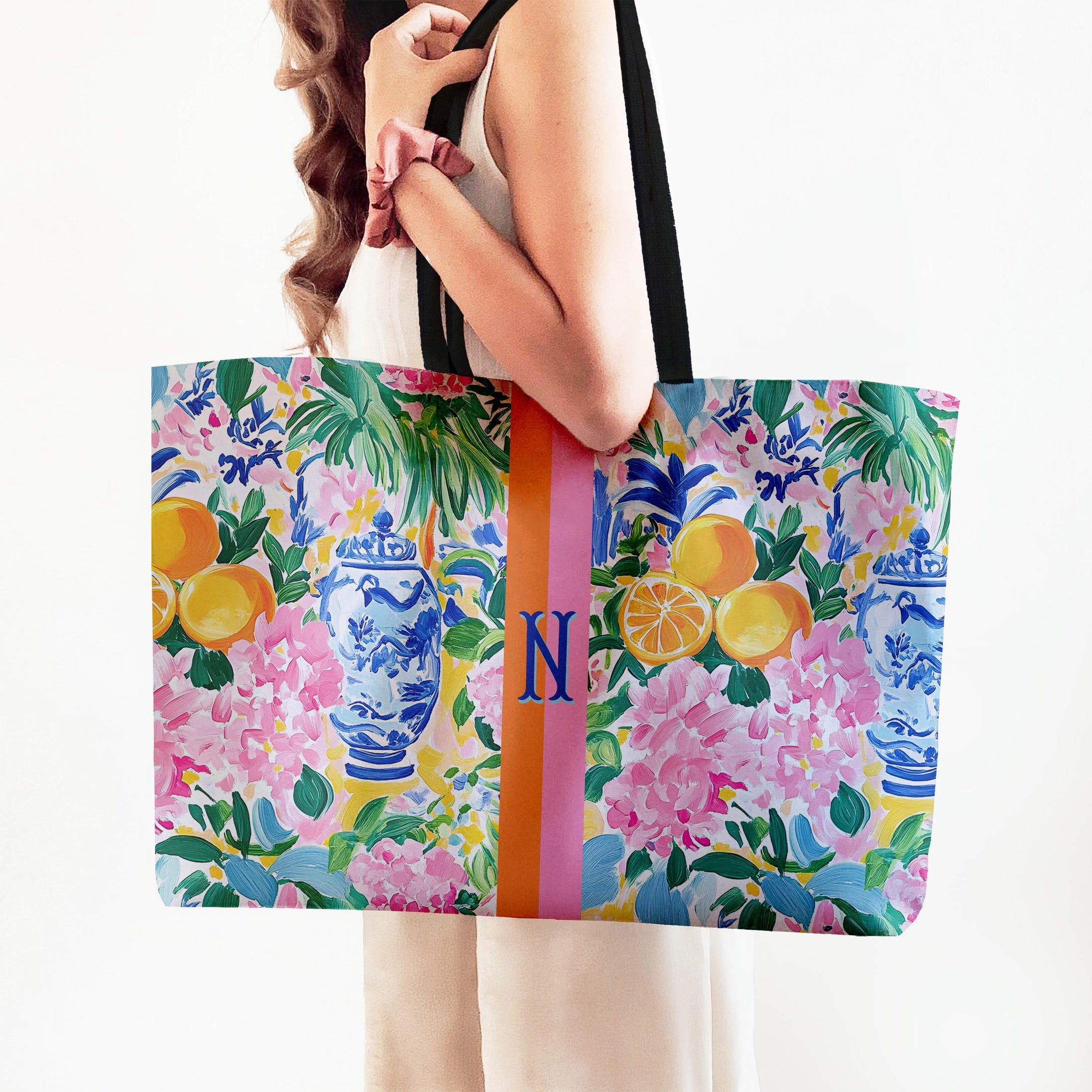 Custom Tote Bag, Large Travel Bag,Overnight, Monogram, Personalized, Letter, Initial, Preppy, Chinoiserie, Ginger Jar, Japenese Oranges Pink