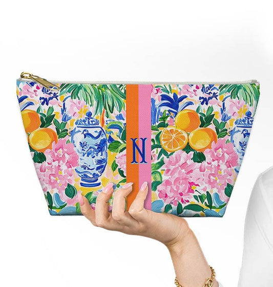 Custom Zip Bags, Pouch, Travel, Tech, Monogram, Personalized, Letter, Initial, Makeup, Accessory, Chinoiserie, Ginger Jar, Japenese Oranges