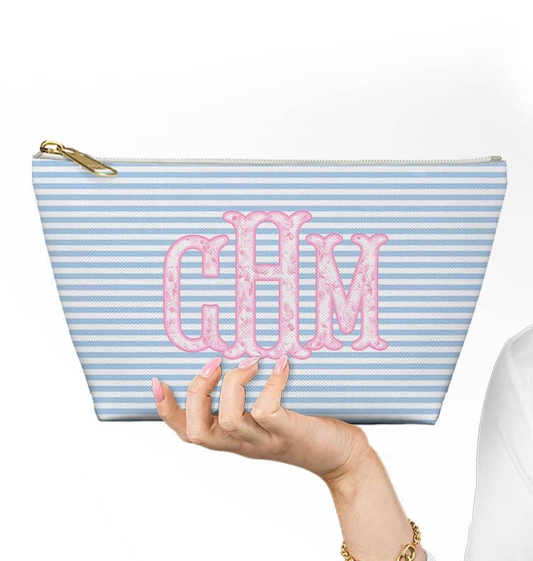 Custom Zip Bags, Pouch, Travel, Tech, Monogram, Personalized, Letter,Initial, Makeup, Accessory, Love Fancy Roses, Preppy Stripes, Pink Blue