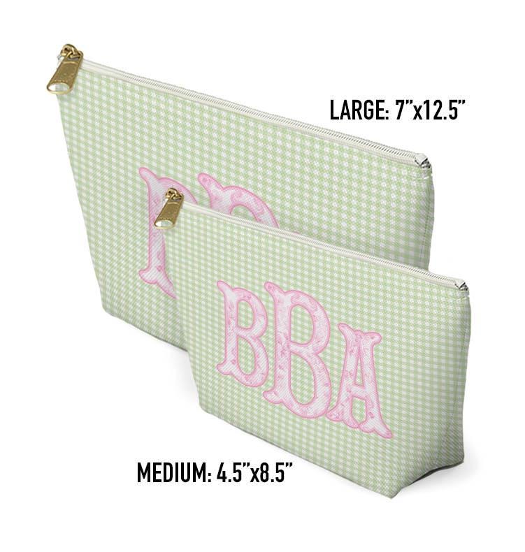 Custom Zip Bags, Pouch, Travel, Tech, Monogram, Personalized, Letter,Initial, Makeup, Accessory, Love Fancy Roses, Preppy Stripes, Green