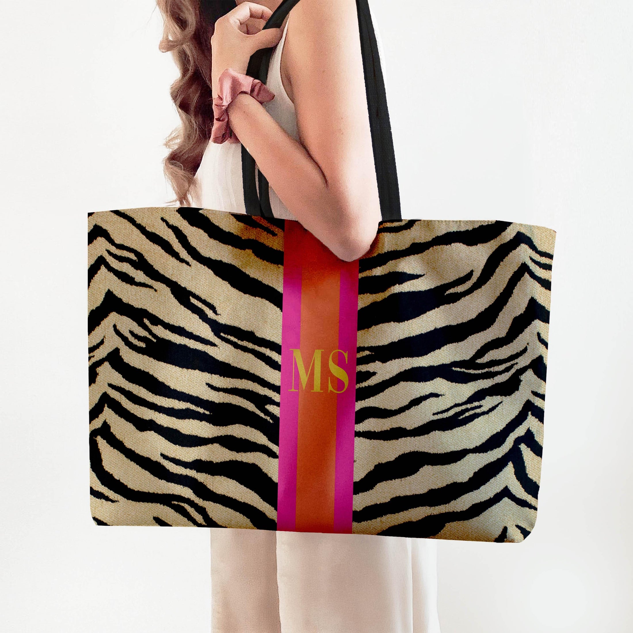 Custom Tote Bag, Large Travel Bag, Overnight, Monogram, Personalized, Letter, Initial, Zebra Pattern, Stripe, Red, Green, Pink, Blue