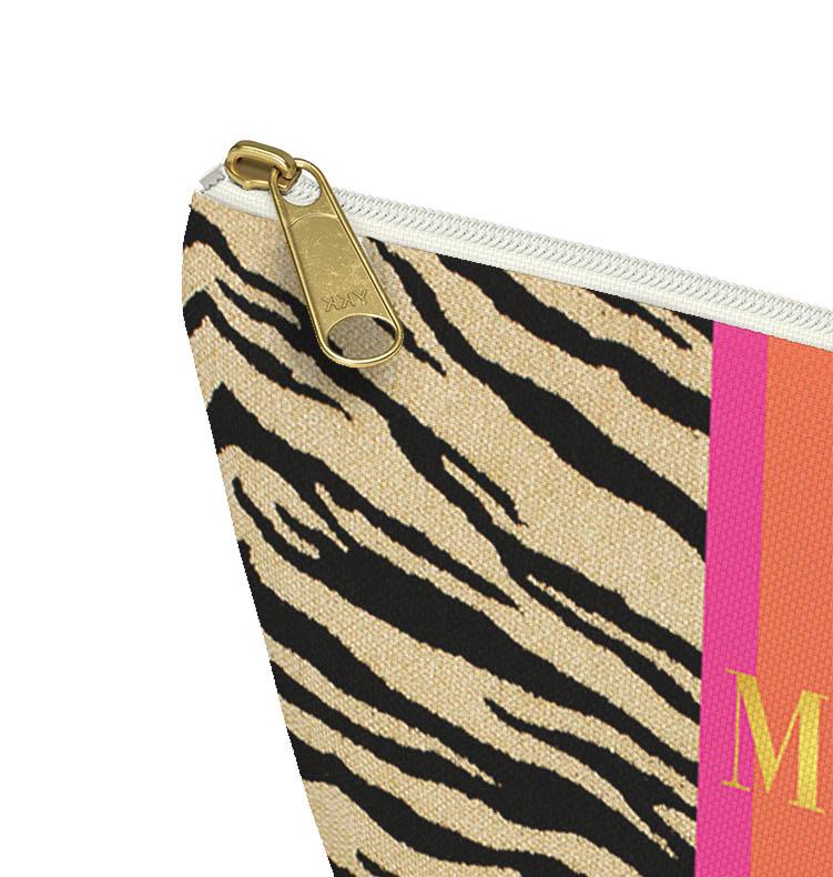 Custom Zip Bags, Pouch, Travel, Tech, Monogram, Personalized, Letter,Initial, Makeup, Accessory, Zebra Pattern, Stripe, Pink, Black, Green