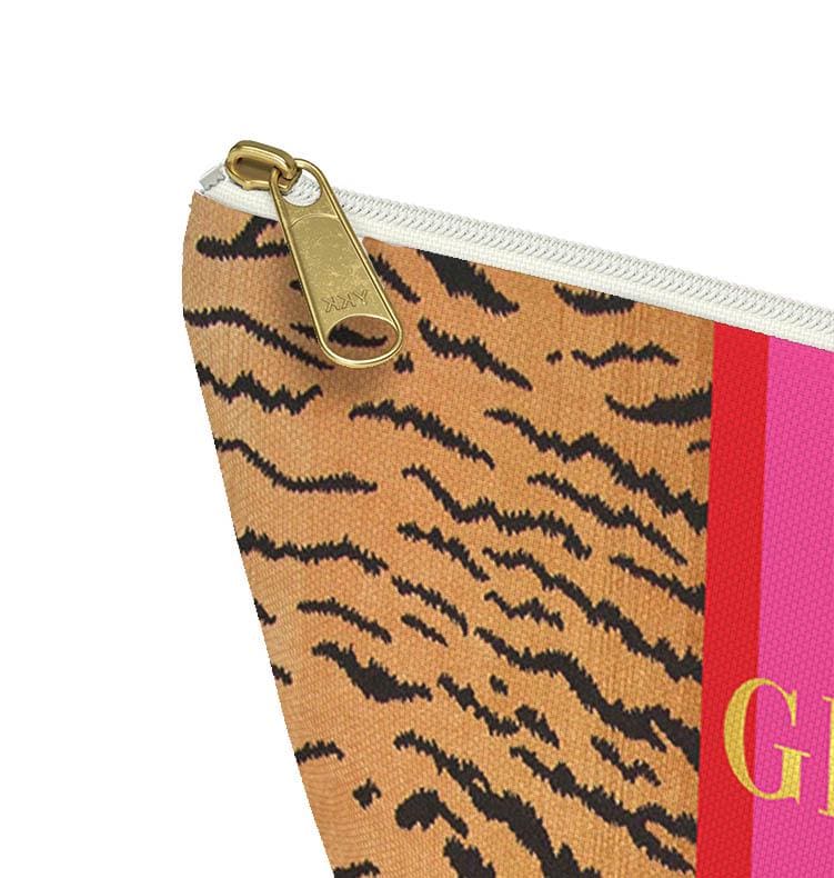 Custom Zip Bags, Pouch, Travel, Tech, Monogram, Personalized, Letter,Initial, Makeup, Accessory, Tiger Pattern, Stripe, Pink, Black, Green