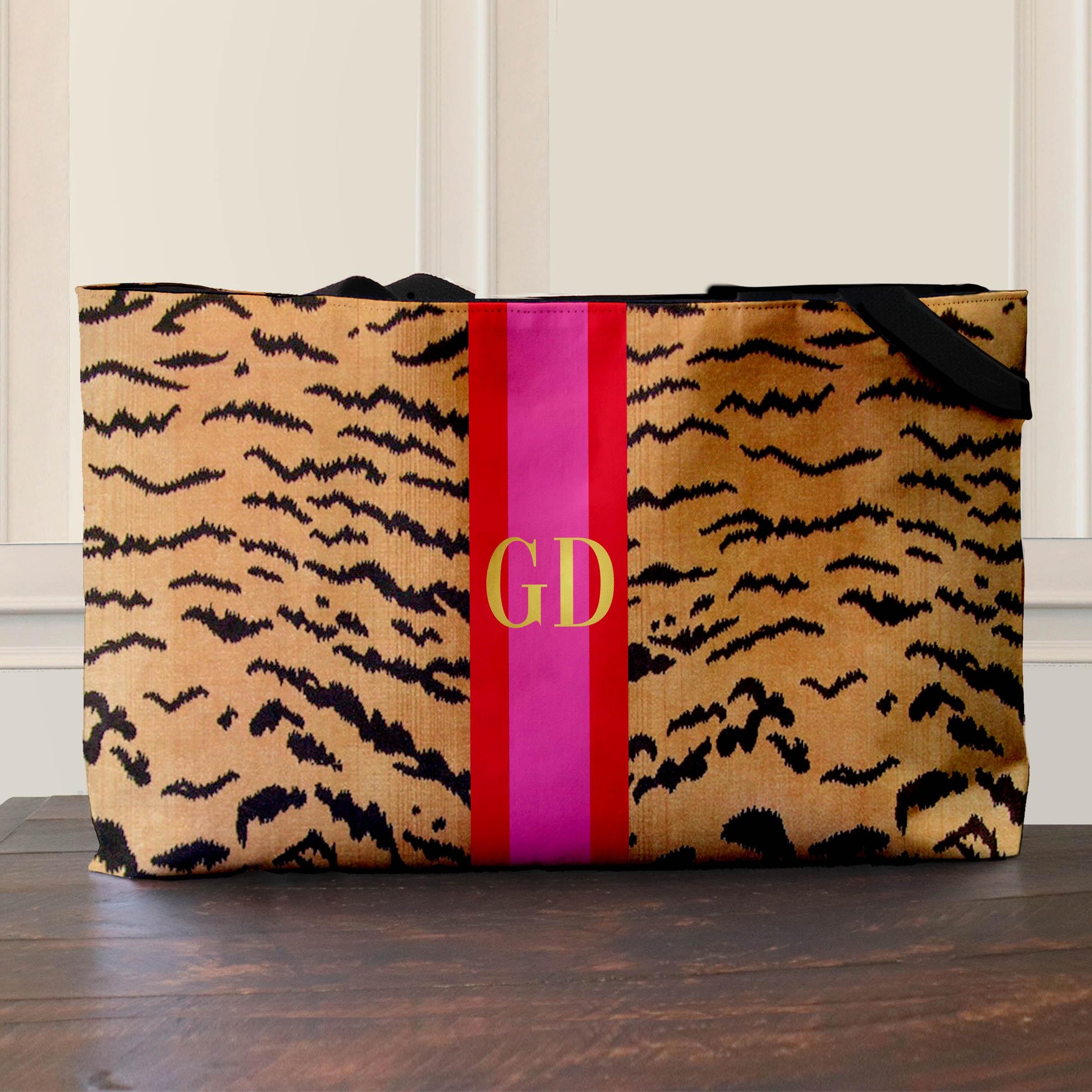 Custom Tote Bag, Large Travel Bag, Overnight, Monogram, Personalized, Letter, Initial, Tiger Pattern, Stripe, Red, Green, Pink, Blue