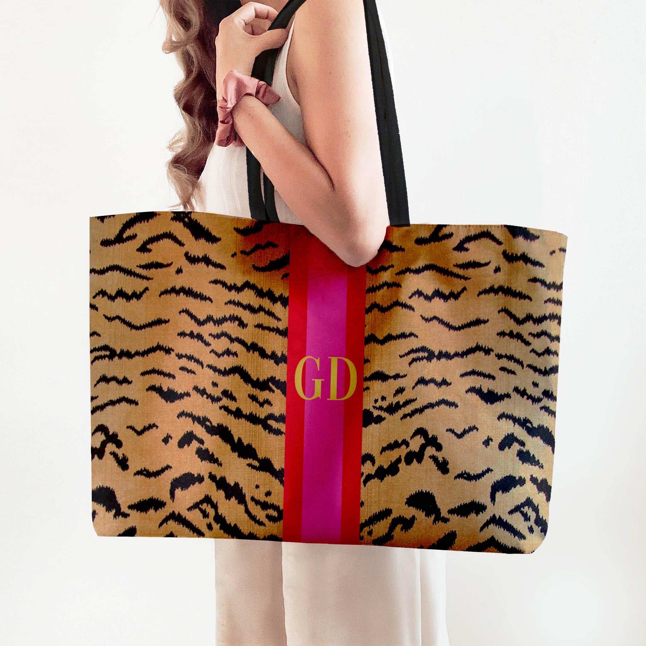 Custom Tote Bag, Large Travel Bag, Overnight, Monogram, Personalized, Letter, Initial, Tiger Pattern, Stripe, Red, Green, Pink, Blue